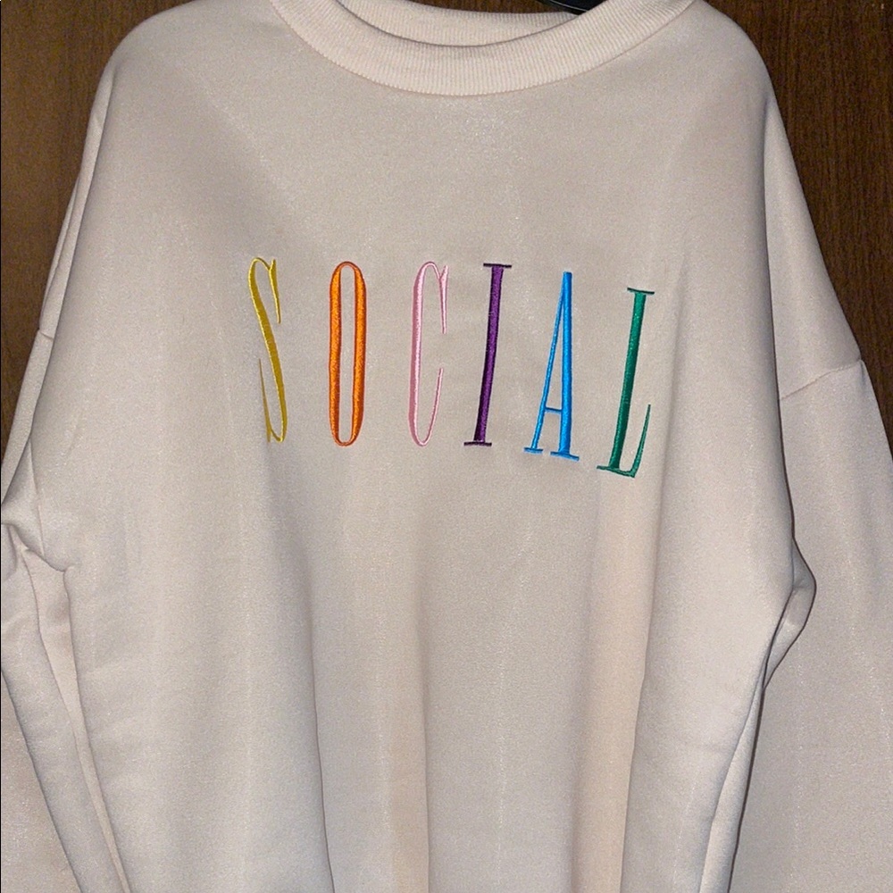 White Sweatshirt with Colorful 'SOCIAL' Embroidery
